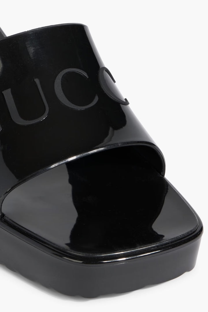 GUCCI EMBOSSED LOGO RUBBER PLATFORM SANDALS
