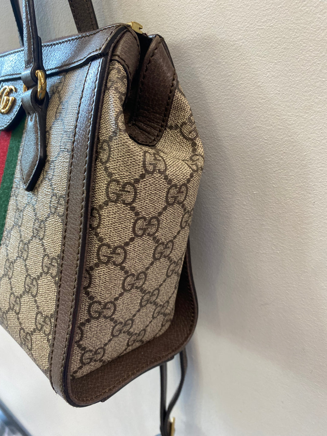 【GUCCI】Ophidia GG Supreme Strap Mini Tote Bag New Gucci GG Supreme Monogram Black Canvas Leather Trim Web