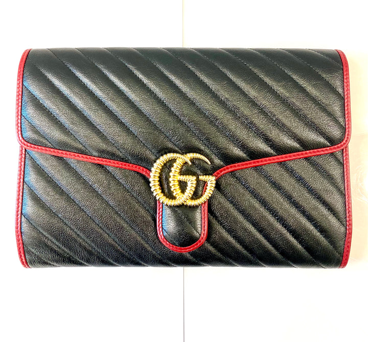 GUCCI MATELASSE LEATHER TORCHON GG MARMONT CLUTCH BAG