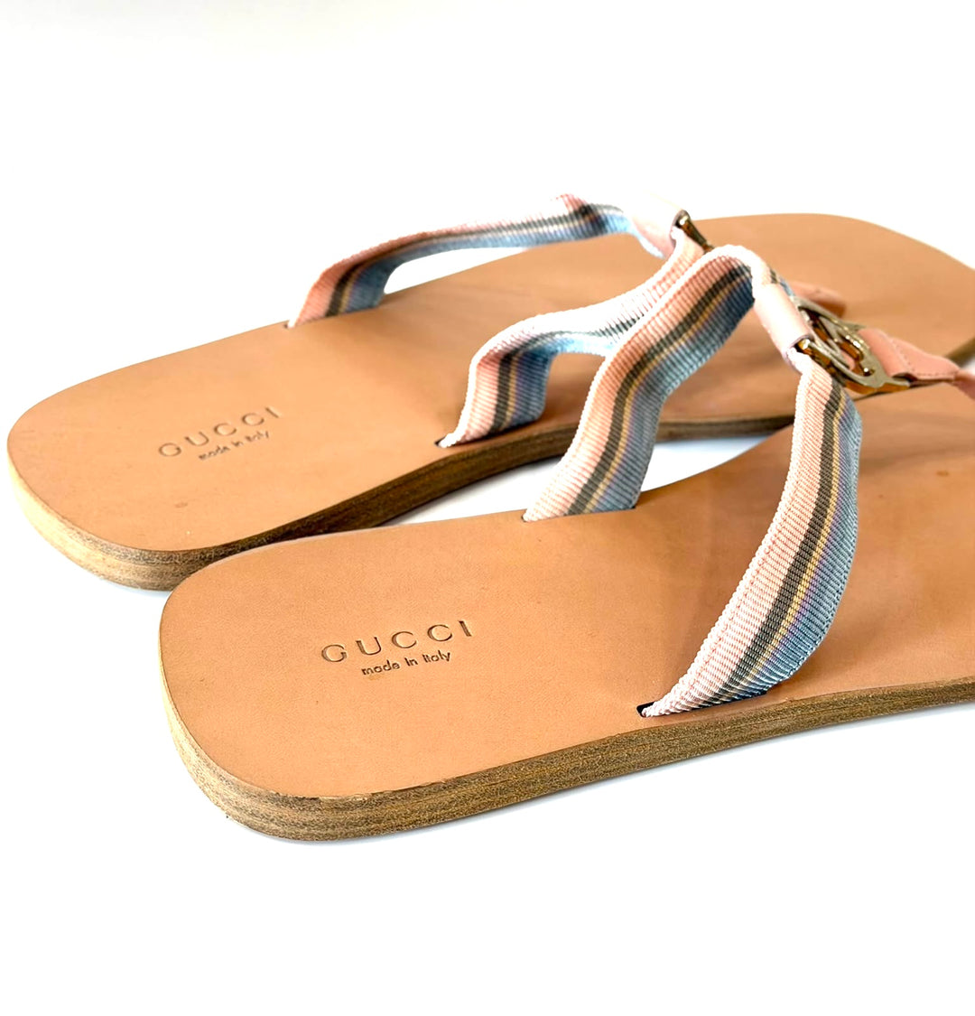 GUCCI GG WEB LEATHER SLIDE SANDALS