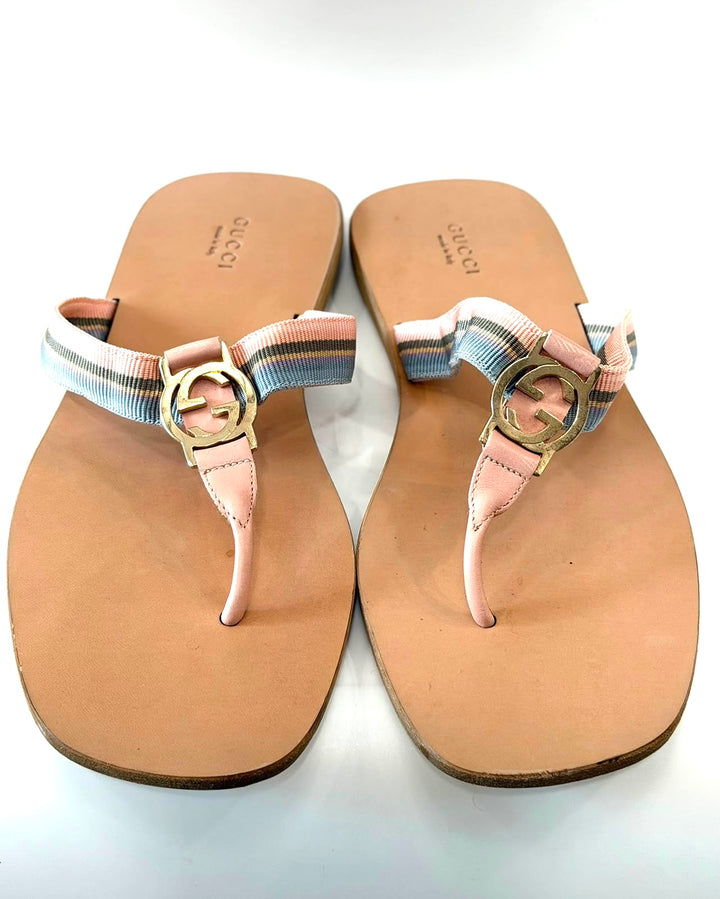 GUCCI GG WEB LEATHER SLIDE SANDALS