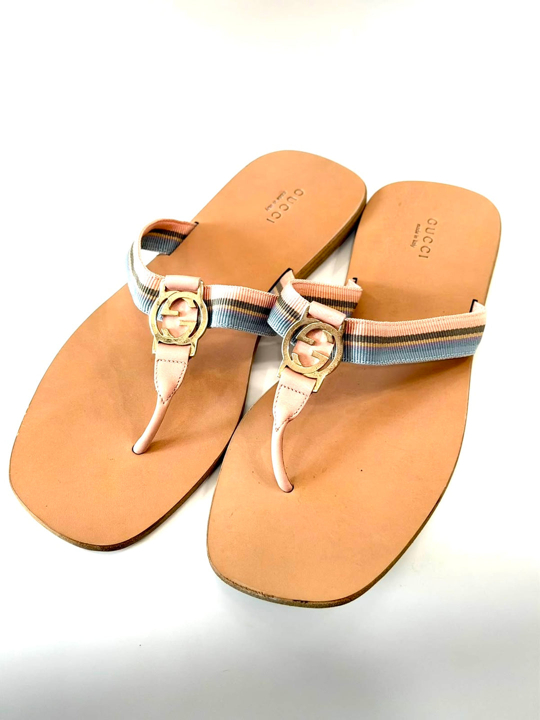 GUCCI GG WEB LEATHER SLIDE SANDALS