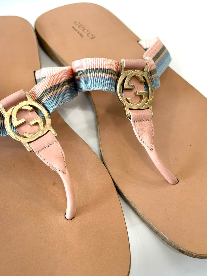 GUCCI GG WEB LEATHER SLIDE SANDALS