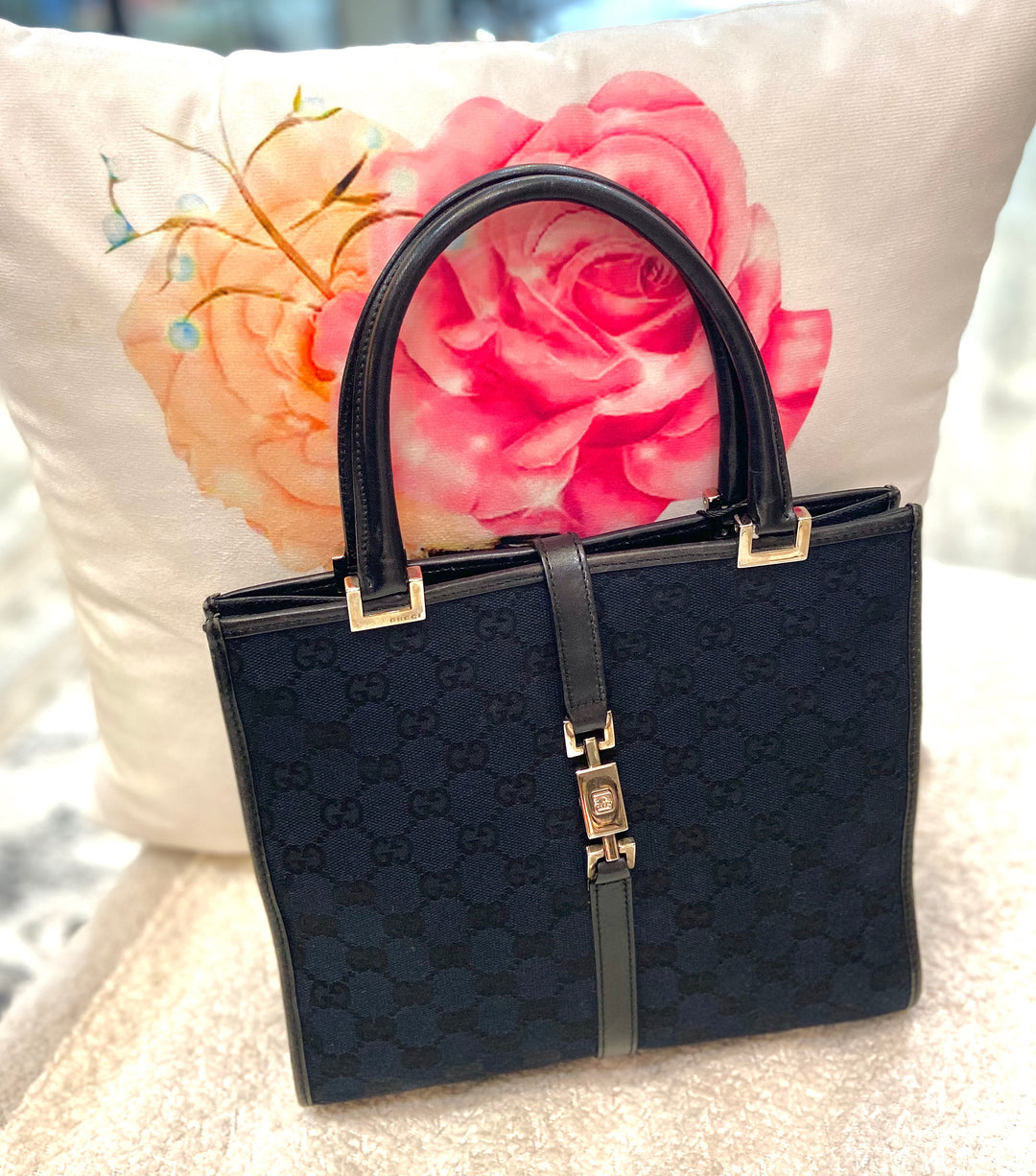 GUCCI GG CANVAS &amp; LEATHER JACKIE TOTE BAG