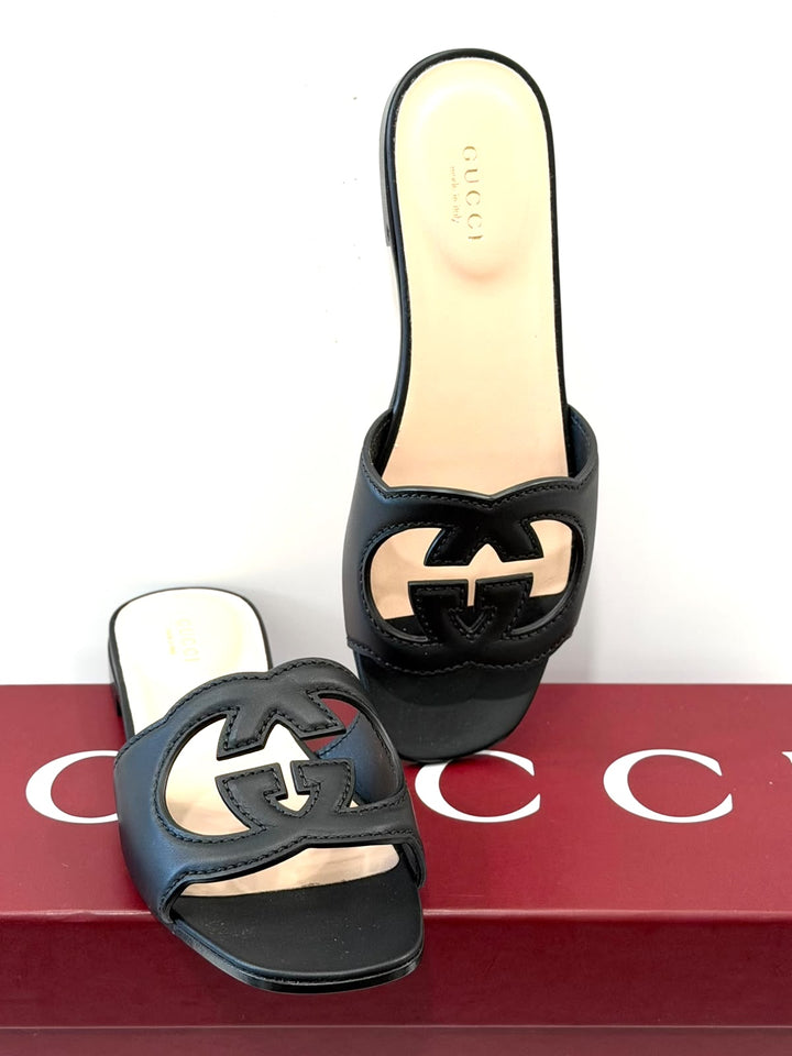 GUCCI INTERLOCKING G COUTOUT CALFSKIN LEATHER MULES