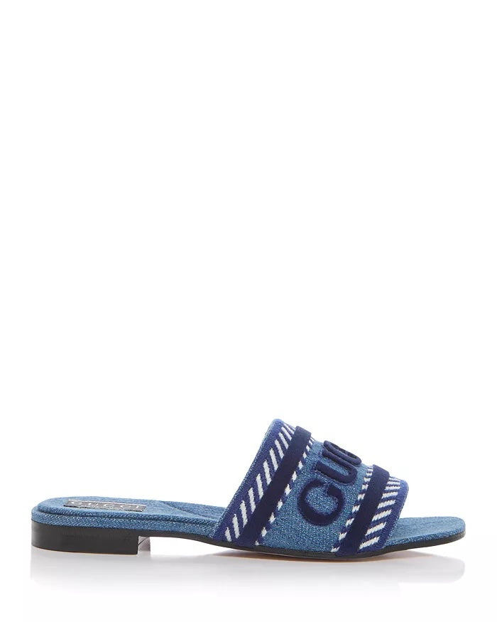 GUCCI JANE DENIM EMBROIDERED LOGO MULES