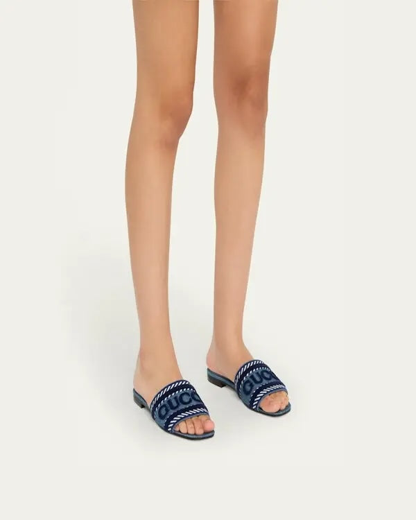 GUCCI JANE DENIM EMBROIDERED LOGO MULES