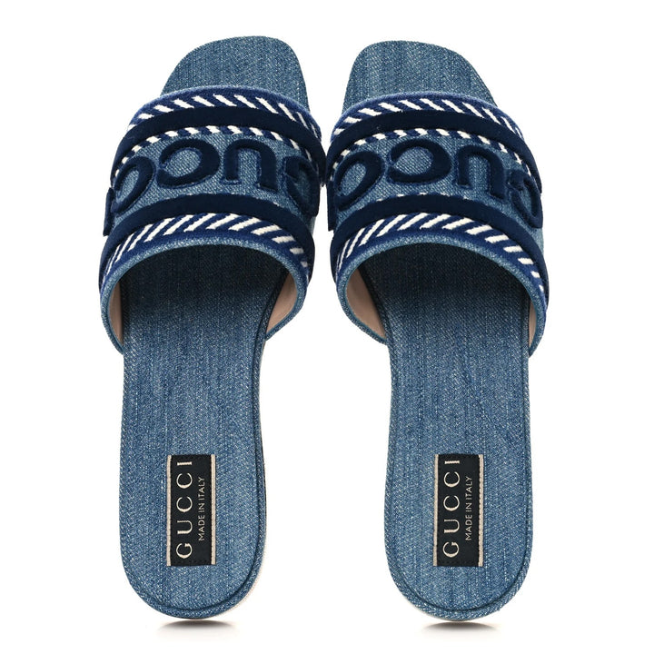 GUCCI JANE DENIM EMBROIDERED LOGO MULES