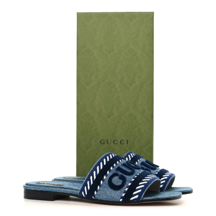 GUCCI JANE DENIM EMBROIDERED LOGO MULES