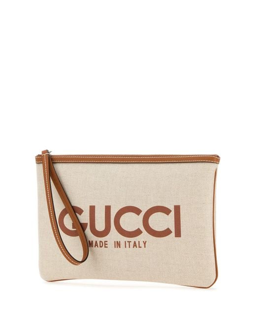 GUCCI LOGO PRINT CANVAS &amp; LEATHER CLUTCH WRISTLET