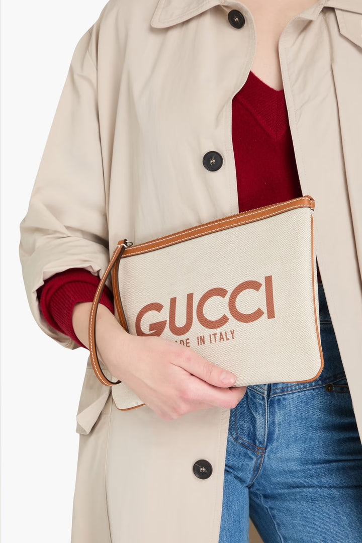 GUCCI LOGO PRINT CANVAS &amp; LEATHER CLUTCH WRISTLET