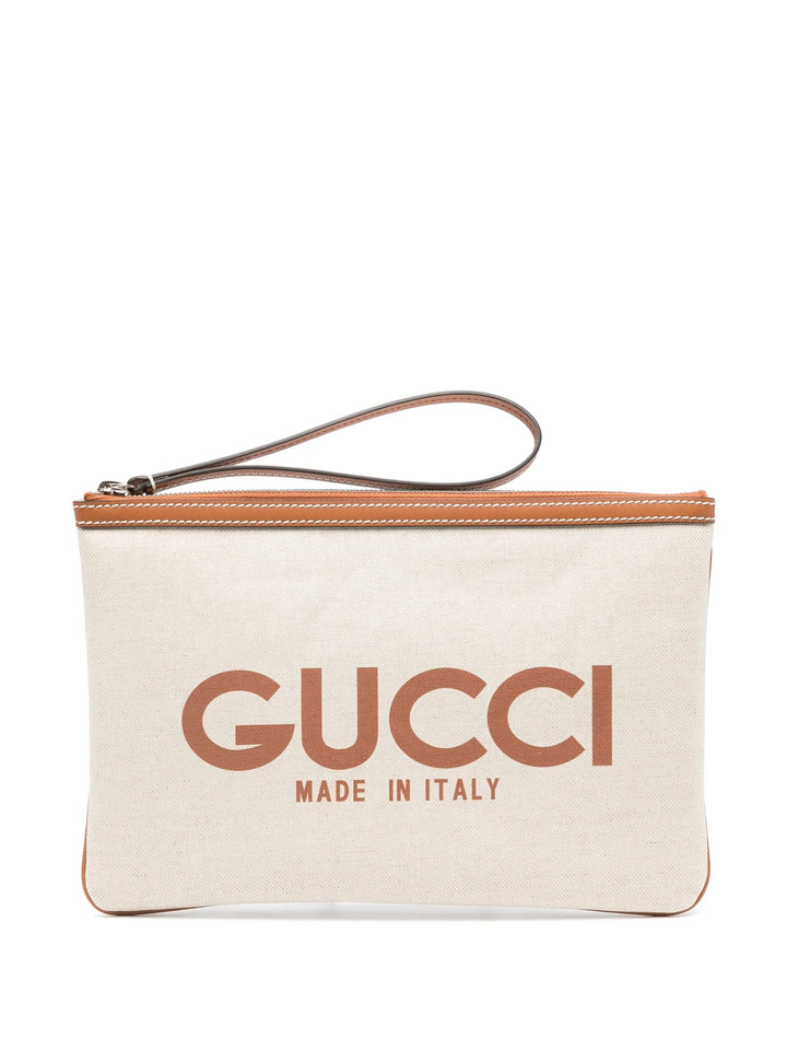 GUCCI LOGO PRINT CANVAS &amp; LEATHER CLUTCH WRISTLET