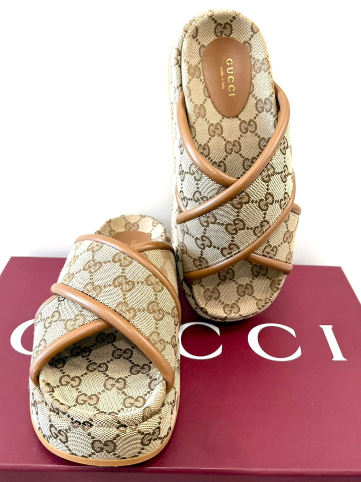 GUCCI MONOGRAM GG CALFSKIN ANGELINA PLATFORM MULES