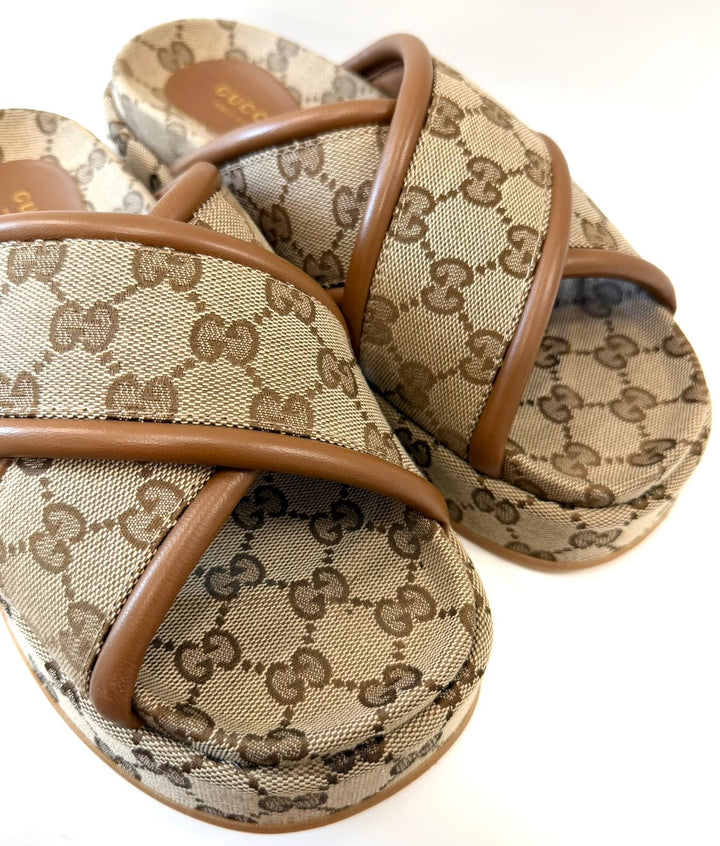 GUCCI MONOGRAM GG CALFSKIN ANGELINA PLATFORM MULES
