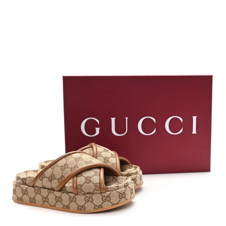 GUCCI GG MONOGRAM CLARICE CALFSKIN TRIMMED JACQUARD PLATFORM MULES