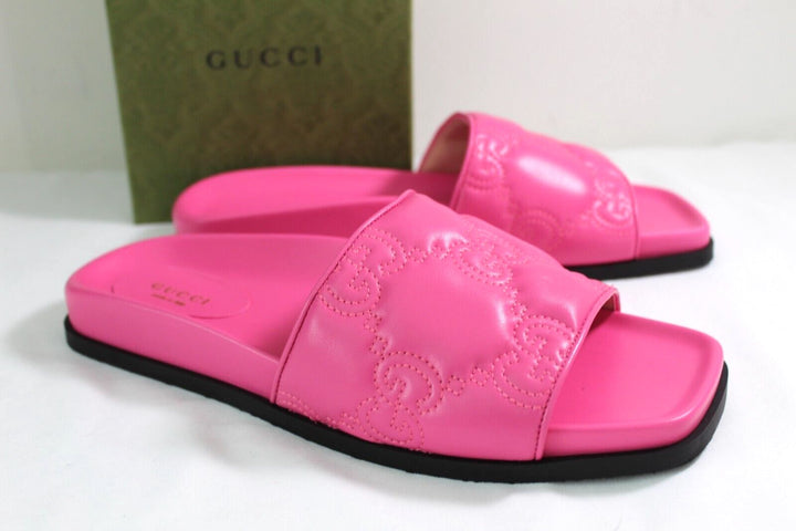 GUCCI CHARLOTTE LOGO NAPPA LEATHER SLIDE SANDALS