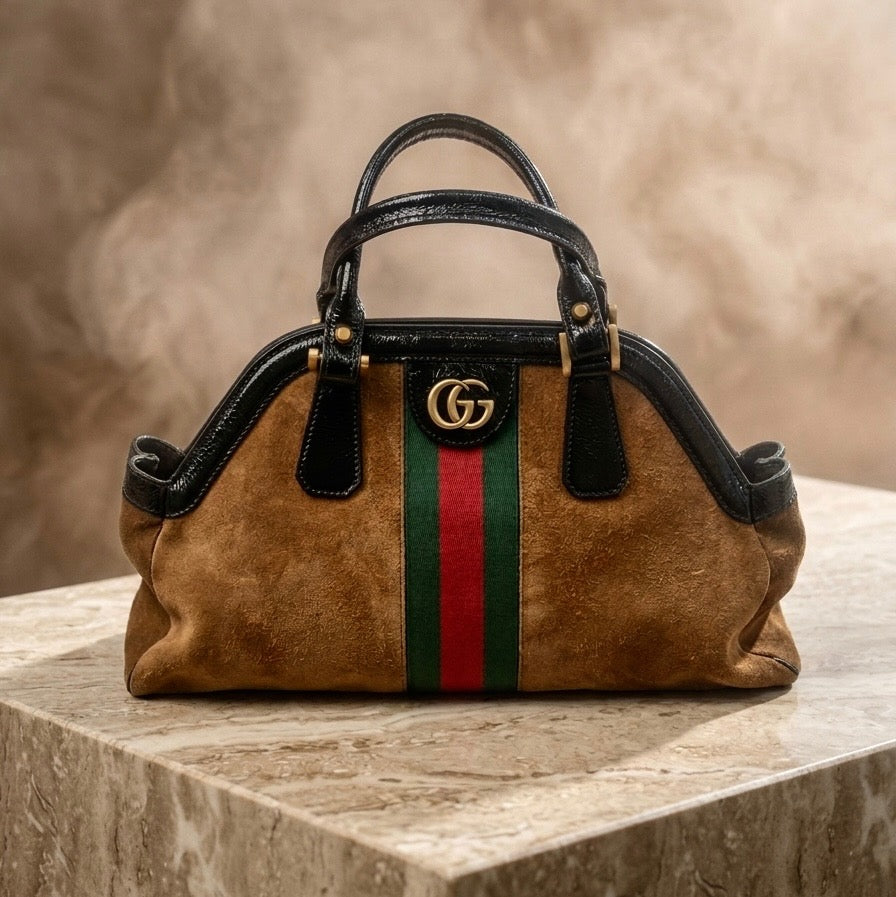 GUCCI OPHIDIA RE (BELLE) SUEDE MEDIUM TOP-HANDLE BAG