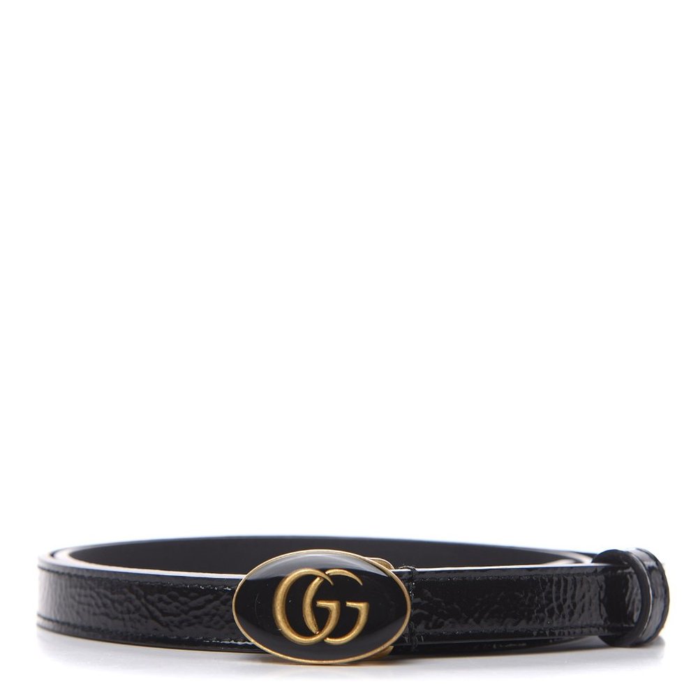 GUCCI OVAL ENAMELED BUCKLE PATENT CALF LEATHER SKINNY BELT