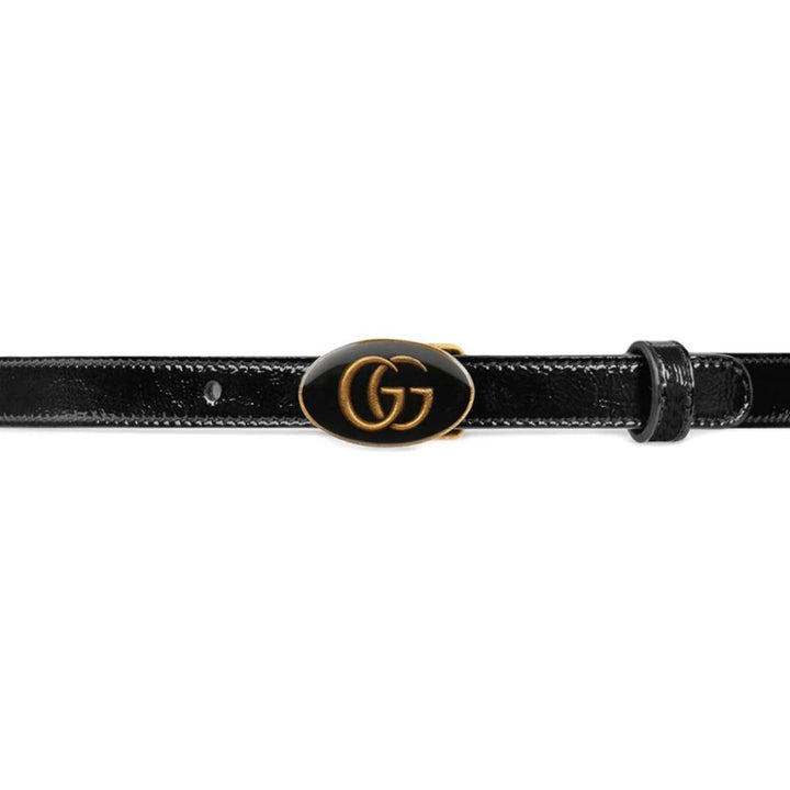 GUCCI OVAL ENAMELED BUCKLE PATENT CALF LEATHER SKINNY BELT