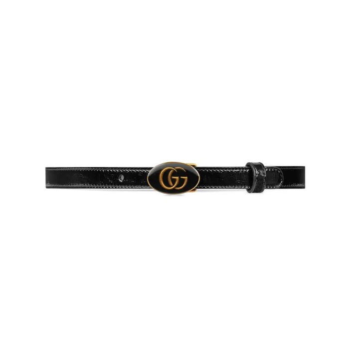 GUCCI OVAL ENAMELED BUCKLE PATENT CALF LEATHER SKINNY BELT