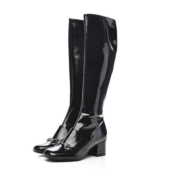 GUCCI PATENT LILIAN HORSEBIT KNEE HIGH BOOTS