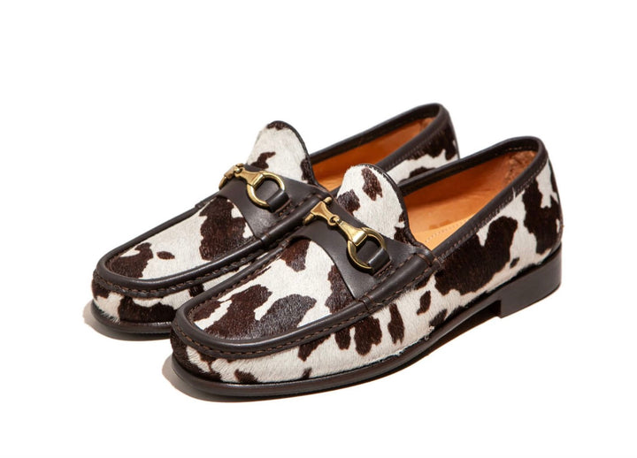 GUCCI  COW PRINT PONY HAIR CALFSKIN LEATHER HORSEBIT LOAFERS