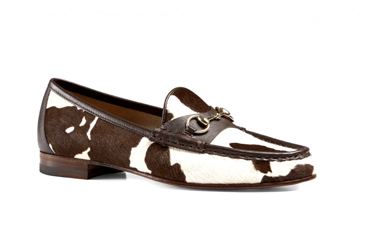 GUCCI  COW PRINT PONY HAIR CALFSKIN LEATHER HORSEBIT LOAFERS