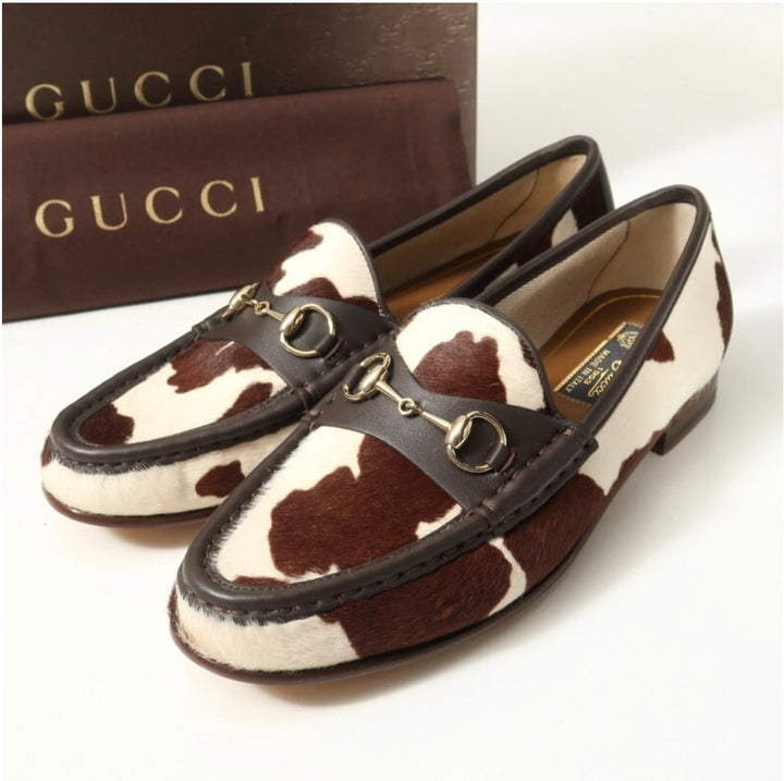 GUCCI  COW PRINT PONY HAIR CALFSKIN LEATHER HORSEBIT LOAFERS