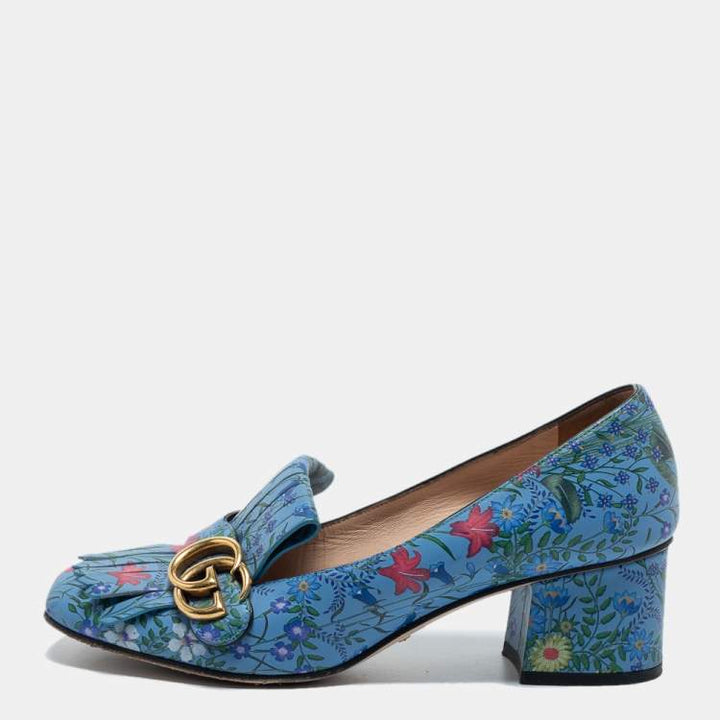 GUCCI GG MARMONT CALFSKIN FLORA FRINGE BLOCK HEEL PUMPS