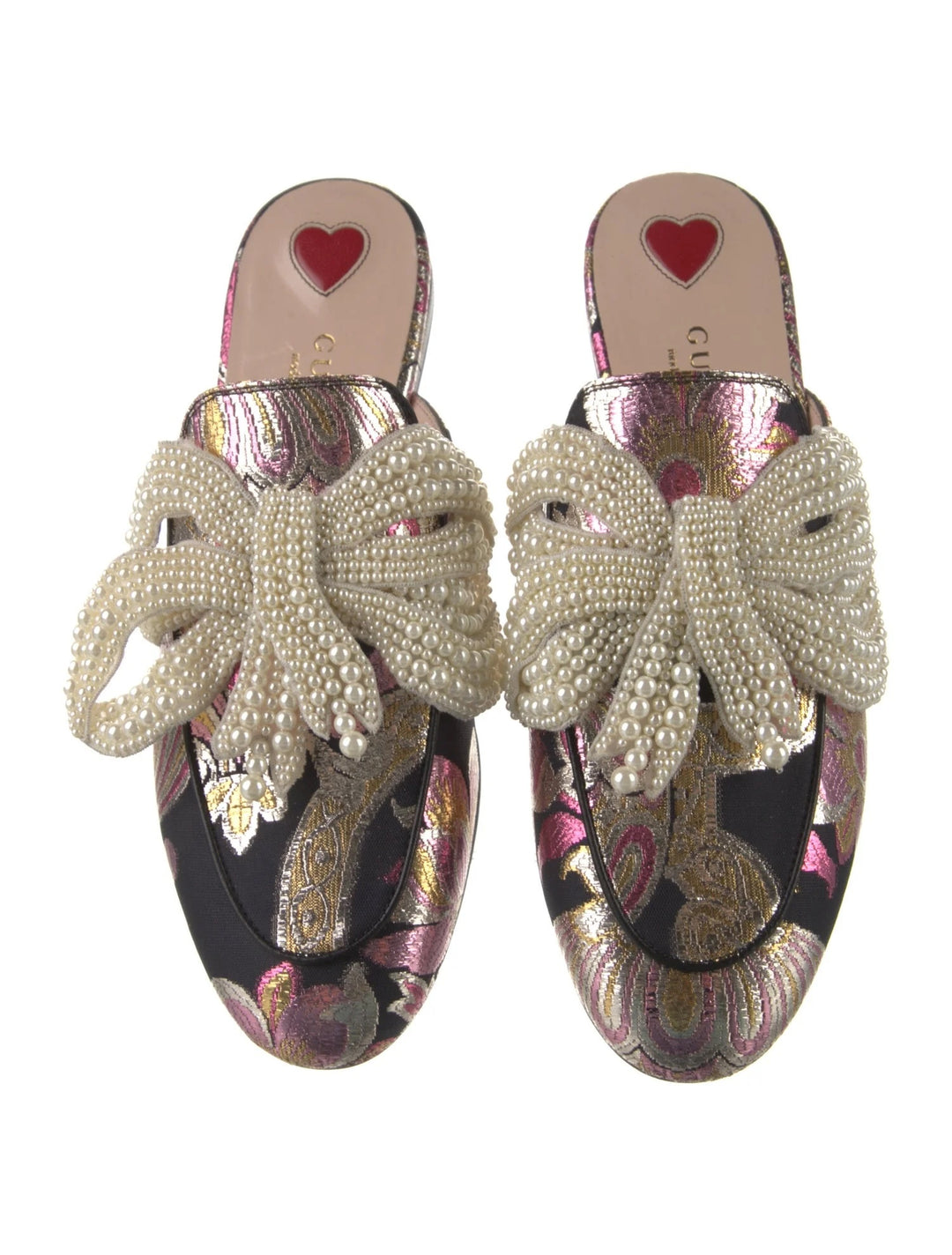 GUCCI IRIDESCENT BROCADE PEARL BOW PRINCETOWN MULES