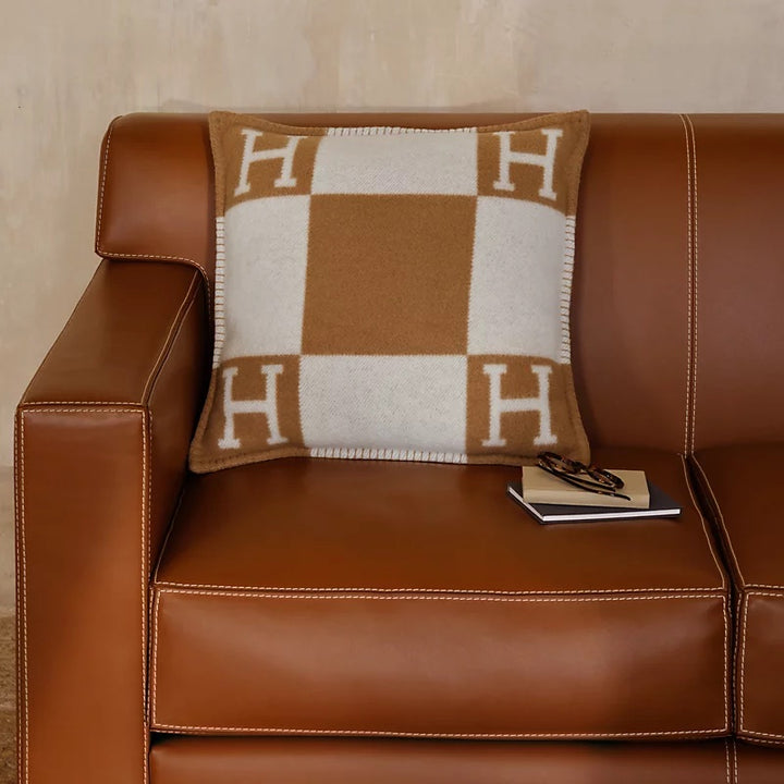 HERMÈS AVALON ECRU &amp; CAMEL SIGNATURE H PILLOW