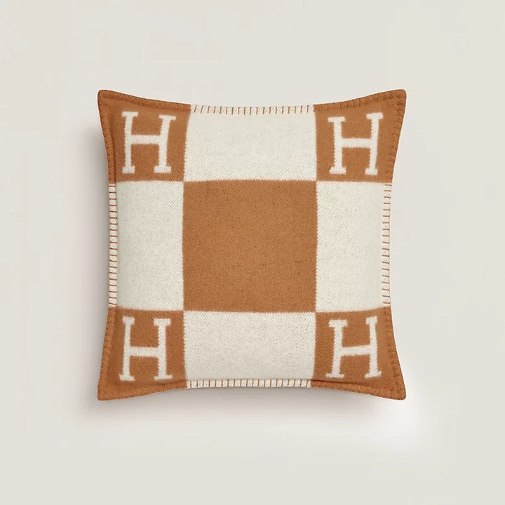 HERMÈS AVALON ECRU &amp; CAMEL SIGNATURE H PILLOW