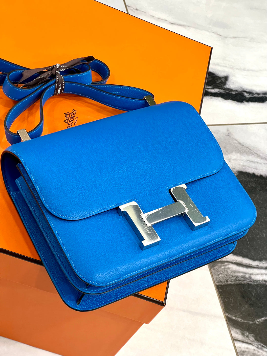 HERMÈS CONSTANCE 24 EPSOM LEATHER PALLADIUM HARDWARE BLUE IZMIR