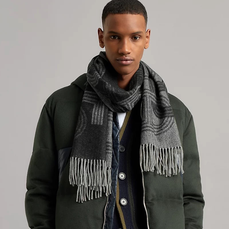 HERMÈS FRINGE CIRCUIT 24 GRAY CASHMERE UNISEX SCARF