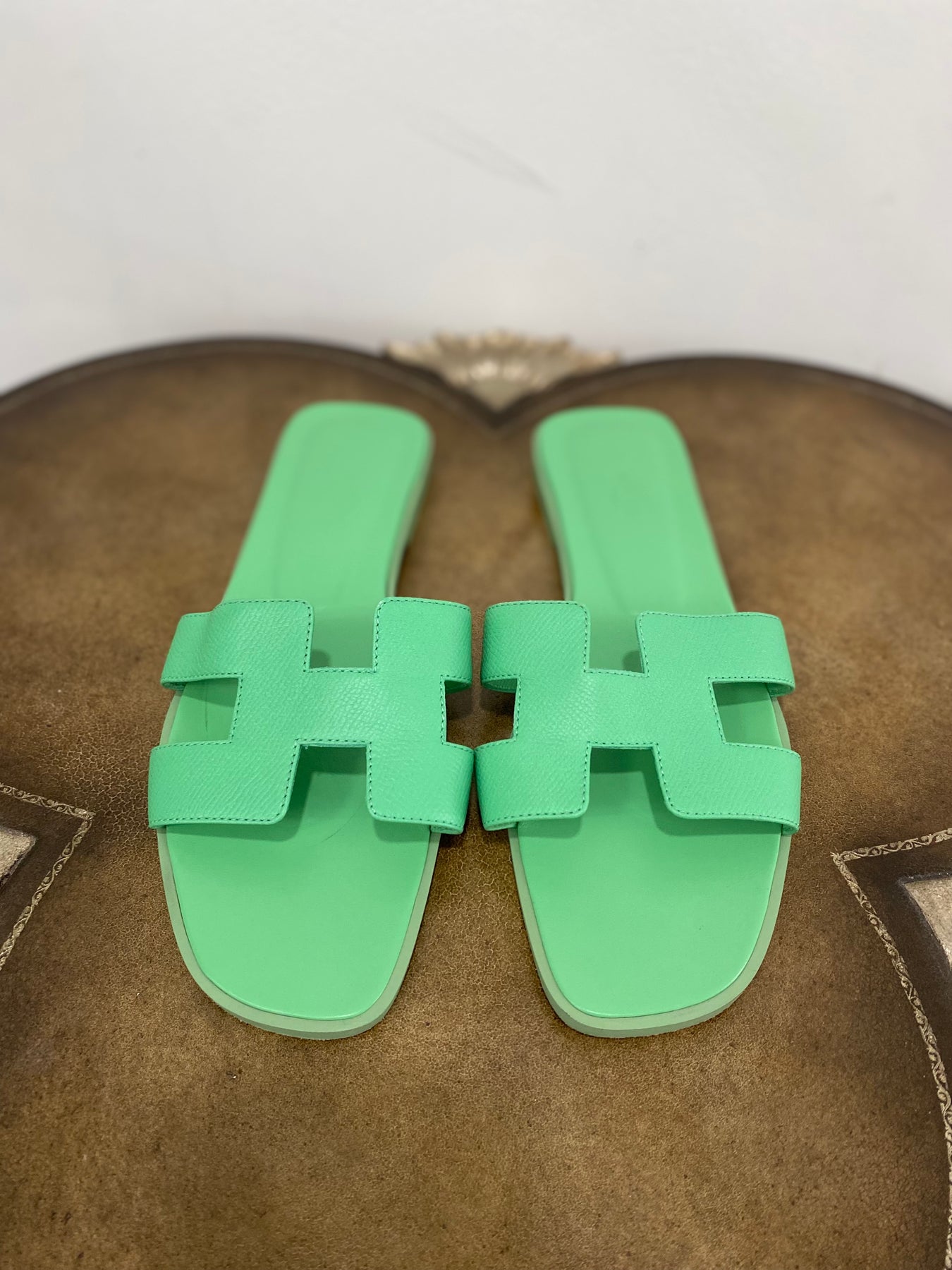 Hermes Oran Sandal Vert Pomme Epsom Calfskin Leather for Women