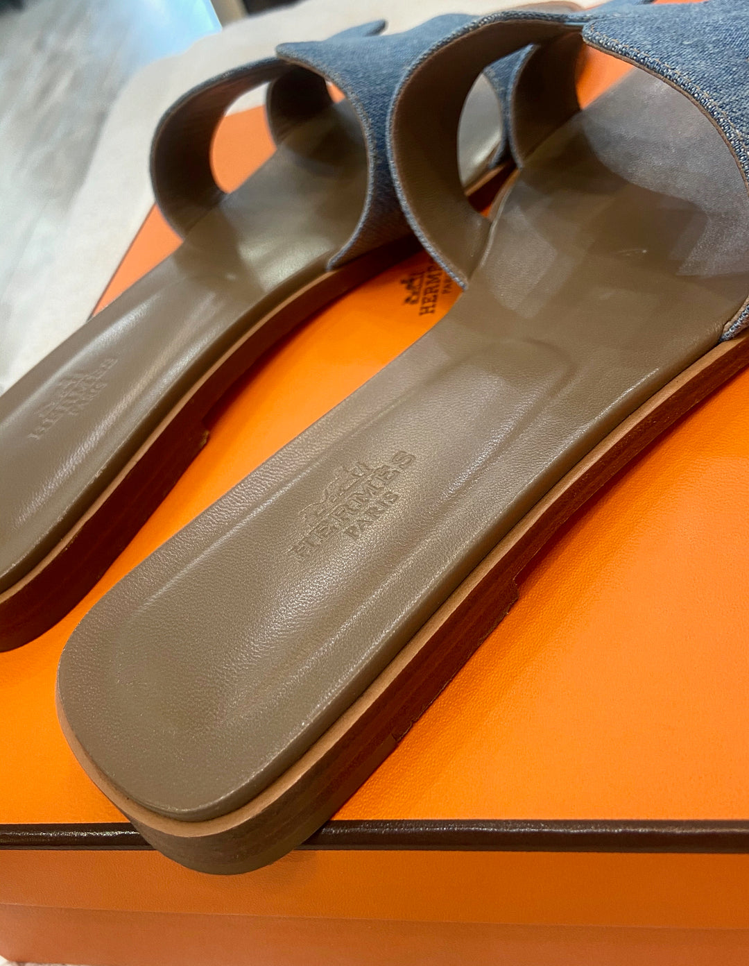 HERMÈS ORAN DENIM LEATHER MULES SANDALS
