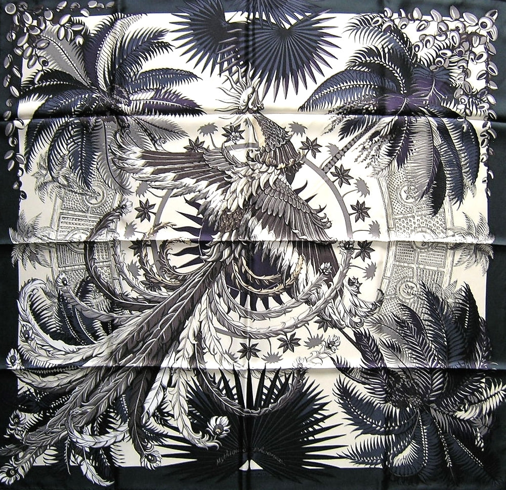 HERMÈS MYTHIQUES PHOENIX VERT ANTHRACITE SILK SCARF