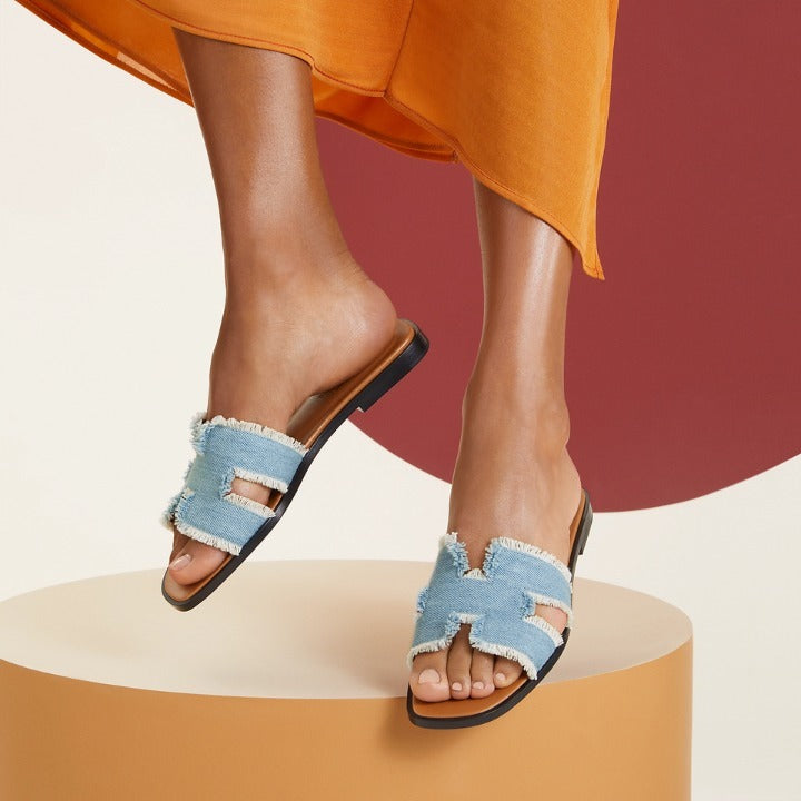 HERMÈS ORAN FRINGED DENIM LEATHER MULES SANDALS – Caroline's