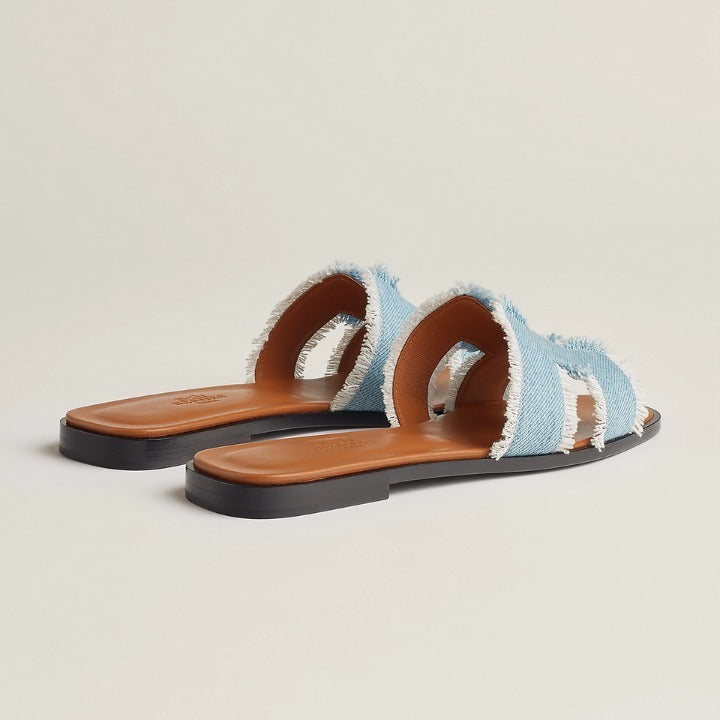 HERMÈS ORAN FRINGED DENIM LEATHER MULES SANDALS