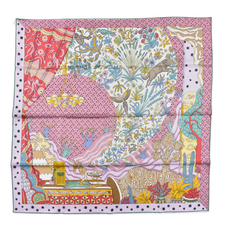 HERMÈS LE PREMIER CHANT ROSE VERT JAUNE SILK SCARF