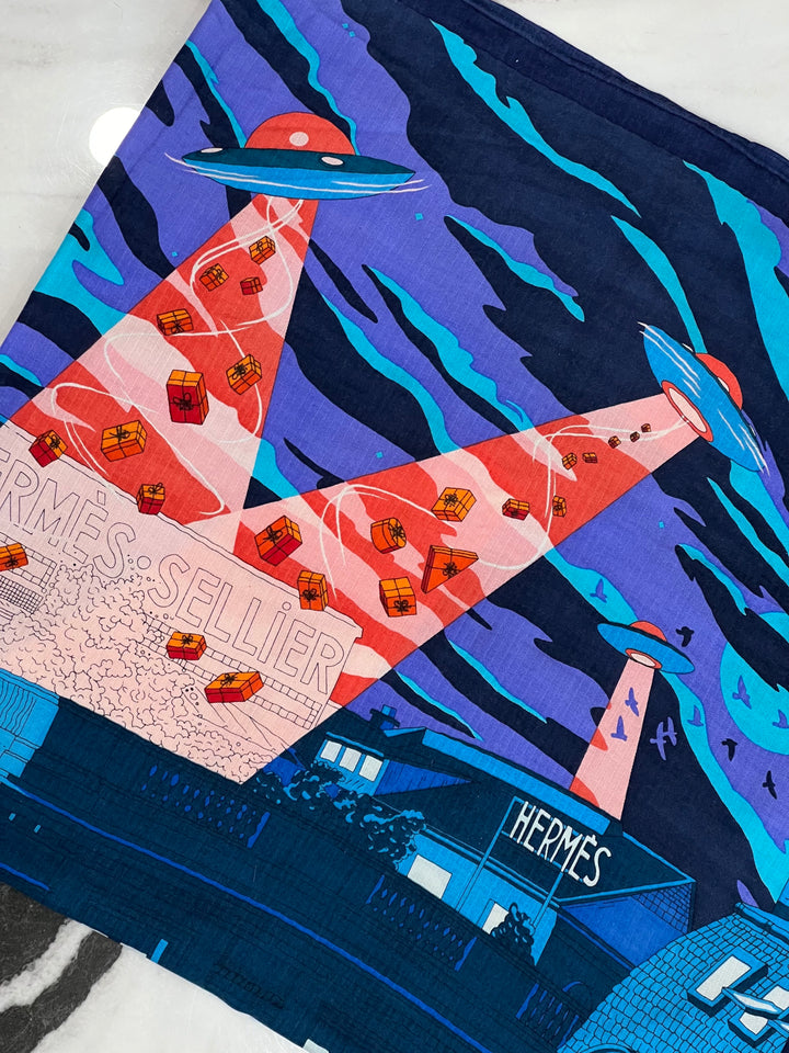 Foulard Carré Hermès 90 Cm En Soie - Modèle 'Space Shopping Au Faubourg', Occasion