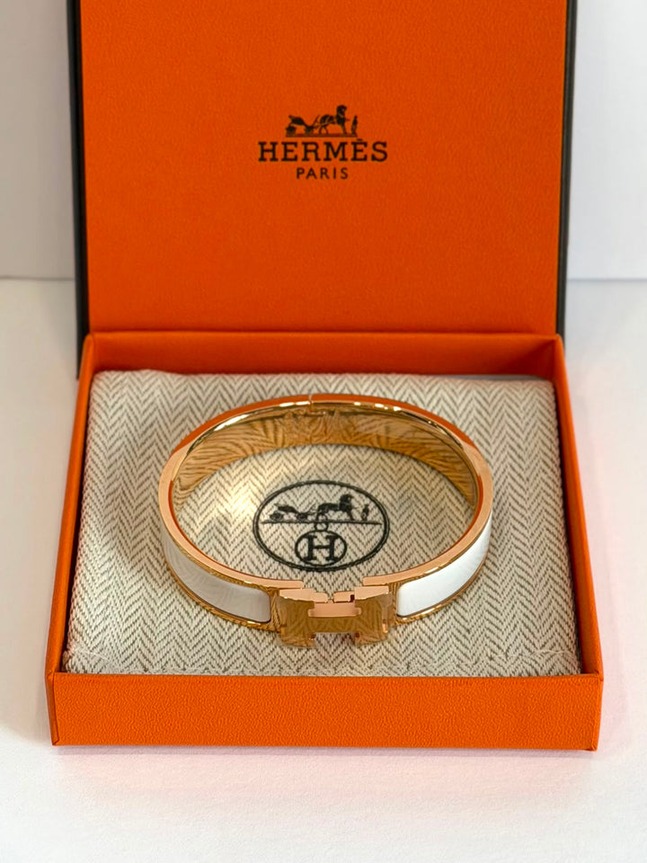 HERMÈS CLIC CLAC H ENAMEL BRACELET PM IN BLANC