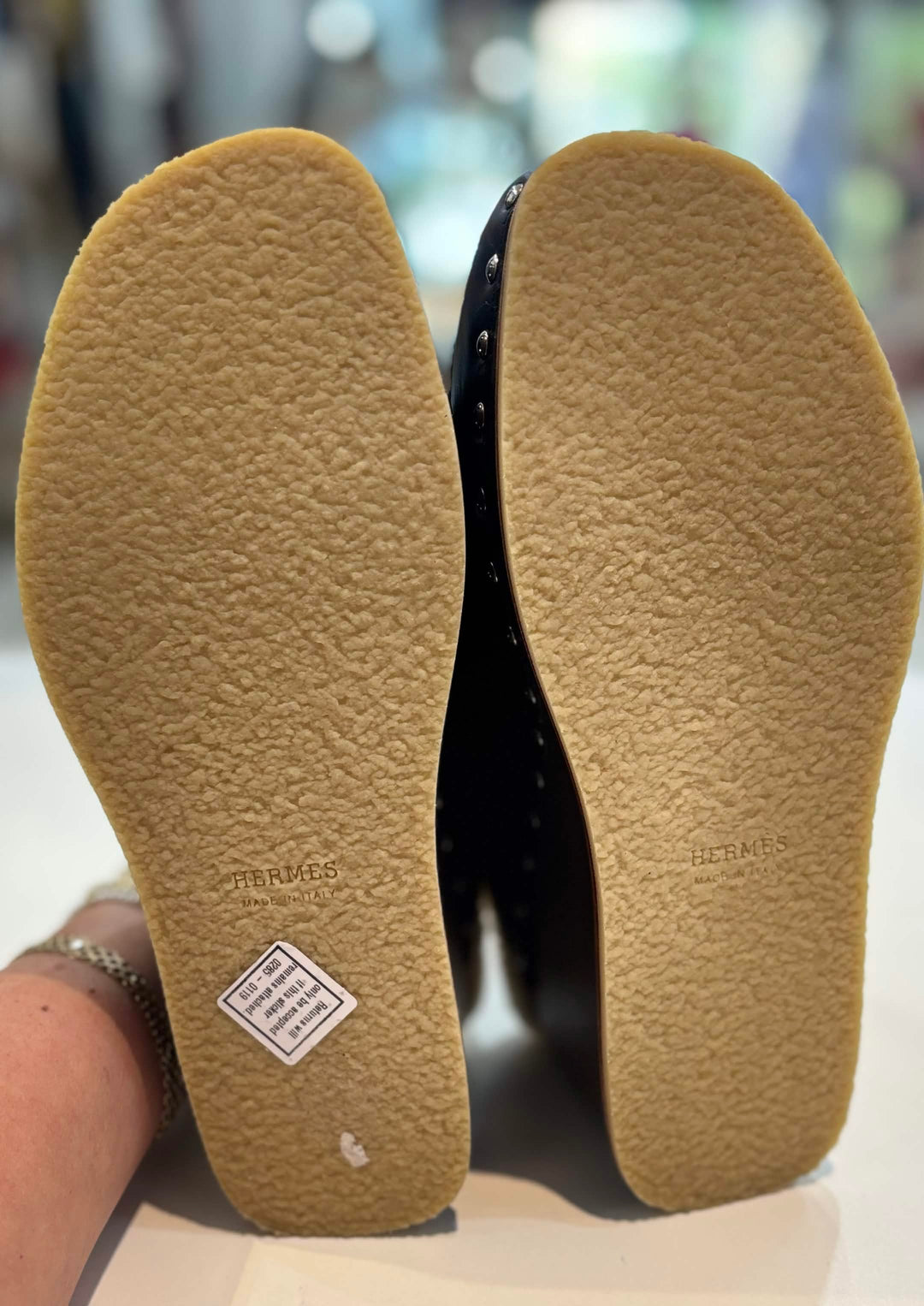 HERMÈS EARTH STUDDED SHEARLING WEDGE HEEL MULES
