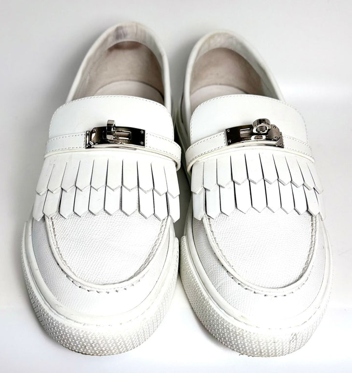 HERMÈS EPSOM CALFSKIN LEATHER GAME SLIP-ON FRINGE LOAFERS