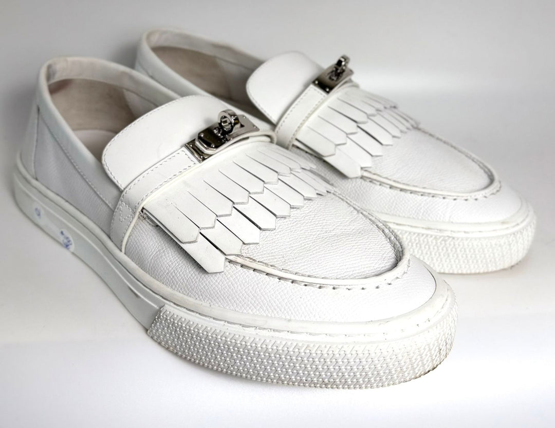 HERMÈS EPSOM CALFSKIN LEATHER GAME SLIP-ON FRINGE LOAFERS