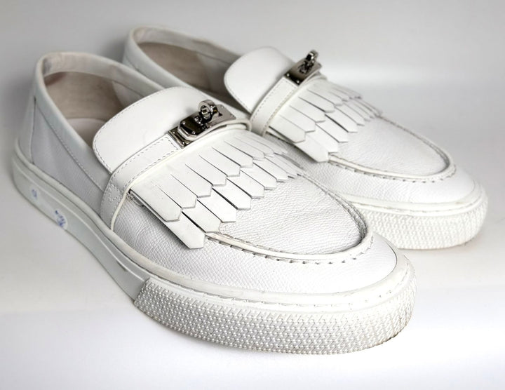 HERMÈS EPSOM CALFSKIN LEATHER GAME SLIP-ON FRINGE LOAFERS