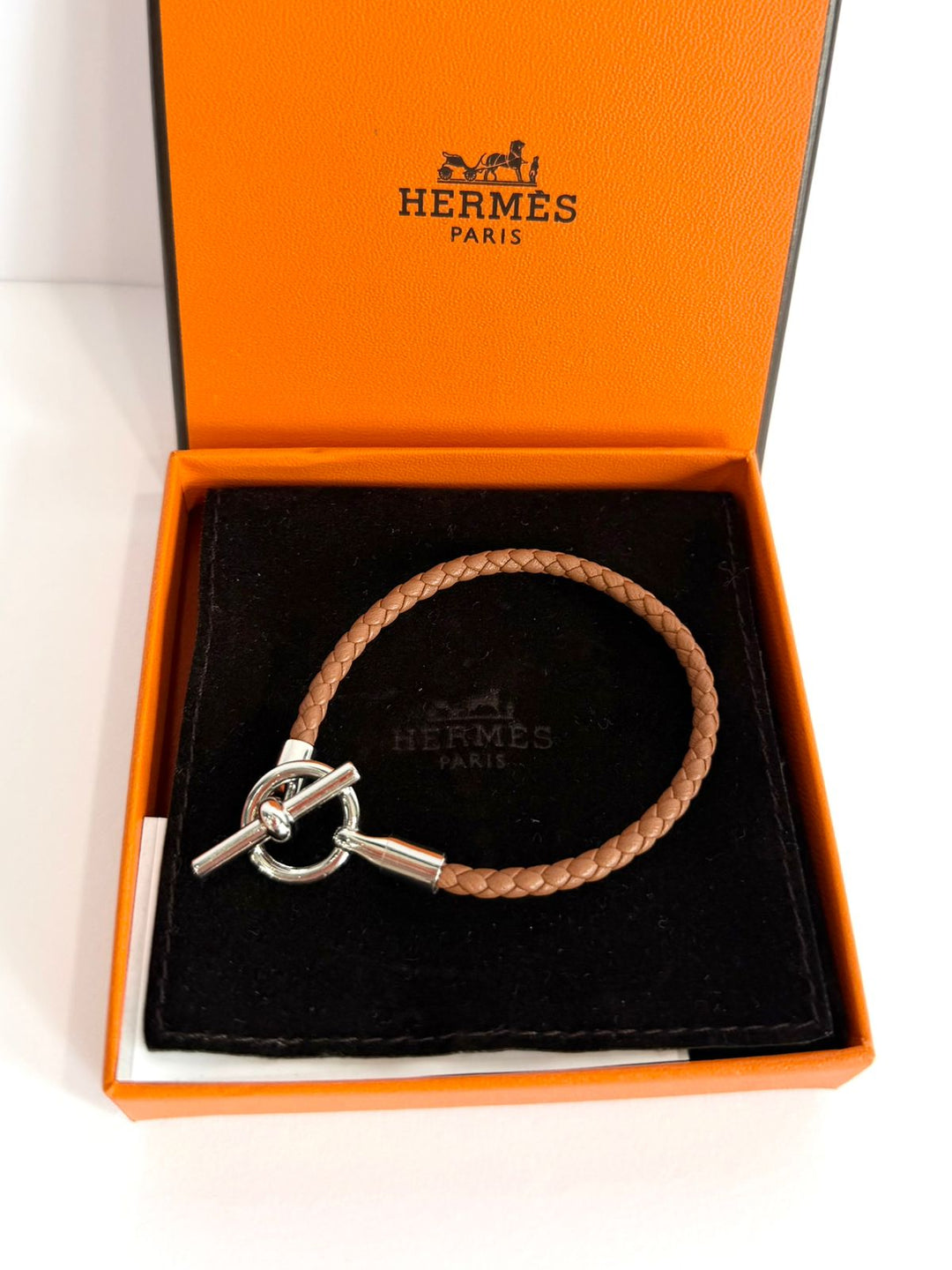 HERMÈS BRAIDED SWIFT CALFSKIN LEATHER GLENAN TOGGLE BRACELET