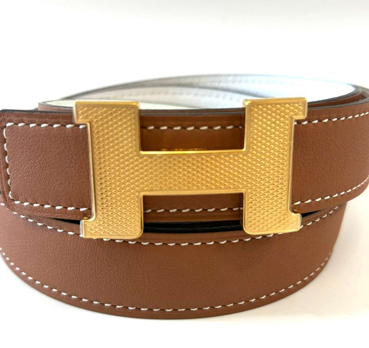 HERMÈS H GUILLOCHEE GOLD BUCKLE BELT