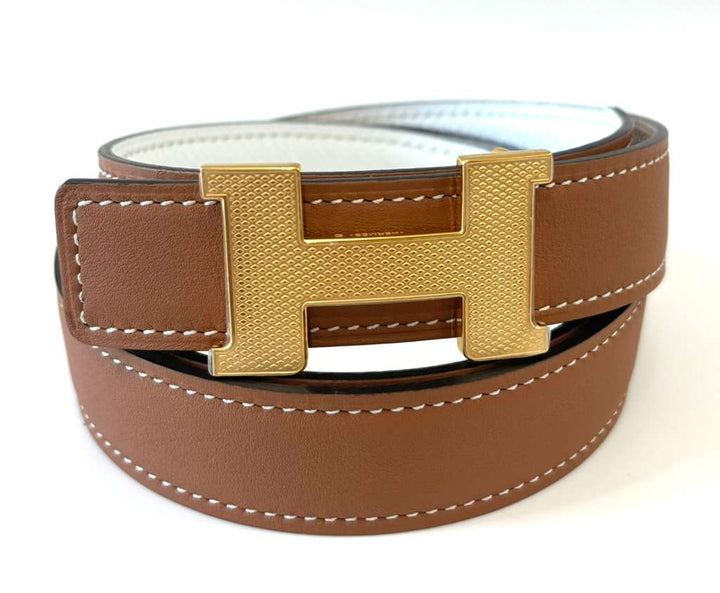HERMÈS H GUILLOCHEE GOLD BUCKLE BELT