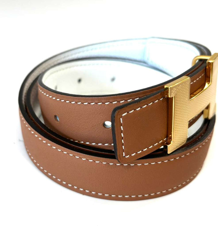 HERMÈS H GUILLOCHEE GOLD BUCKLE BELT